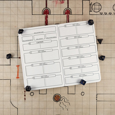 Sixth and seventh pages of the rogue notebook with blank areas for tracking your characters spells. The notebook sits on a grid map surrounded by dice.