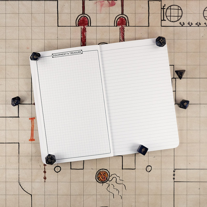 Eighth page of the rogue notebook with a graph page for equipment & treasure on the right. On the left is a blank ruled page for note taking. The notebook sits on a grid map surrounded by dice.