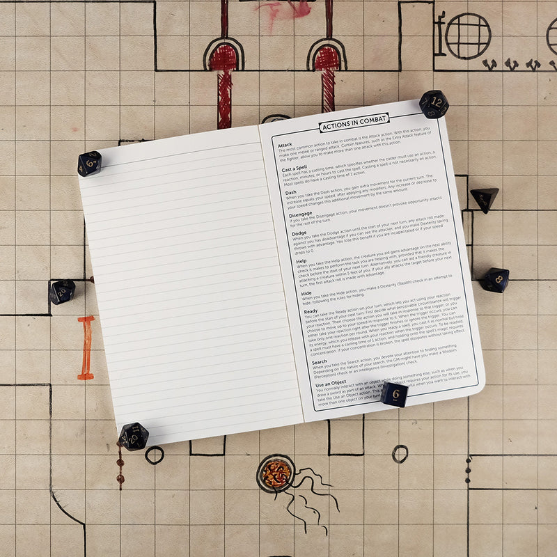 Last page and inside back cover of the rogue notebook with a ruled page for note taking on the left and a list of actions in combat on the right. The notebook sits on a grid map surrounded by dice.