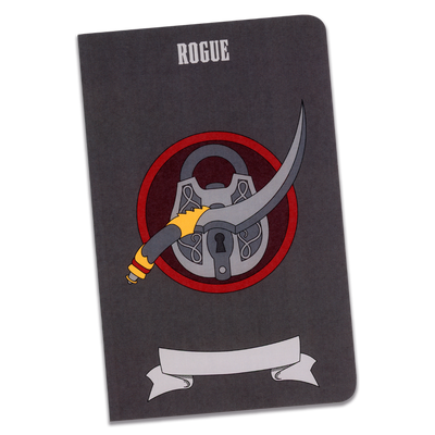 A large rogue notebook with a dark gray cover and an illustration of a dagger and lock on a transparent background.