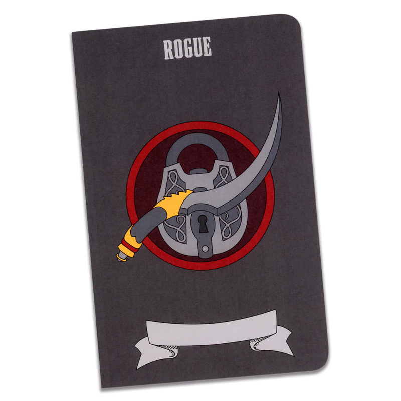 A large rogue notebook with a dark gray cover and an illustration of a dagger and lock on a transparent background.