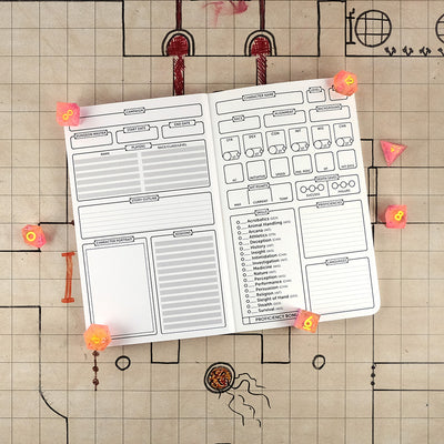 Inside cover and first page of the sorcerer notebook with a blank campaign tracking sheet on the left and a blank character sheet on the right. The notebook sits on a grid map surrounded by dice.