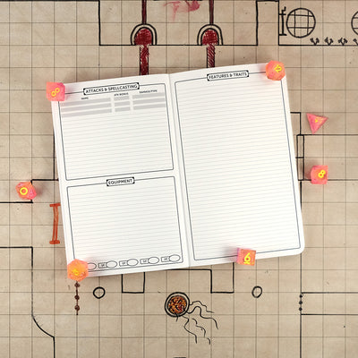 Second and third pages of the sorcerer notebook with areas for tracking attacks & spellcasting and equipment on the right and a ruled sheet for features & traits on the right. The notebook sits on a grid map surrounded by dice.