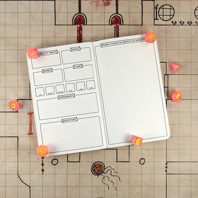 Fourth and fifth pages with further character trait tracking on the left and a sheet for people, places & objects of interest on the right. The notebook sits on a grid map surrounded by dice.