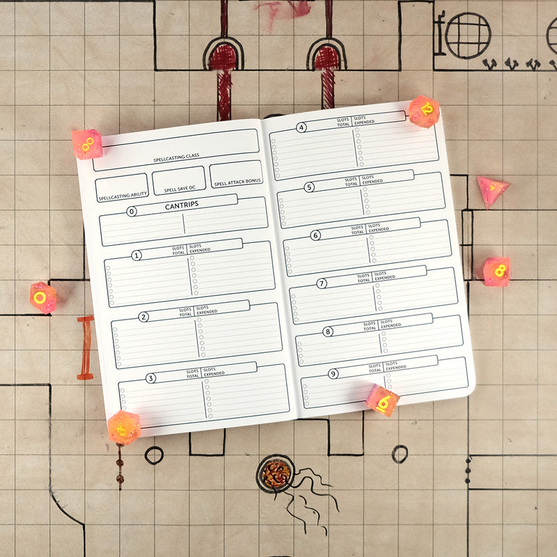 Sixth and seventh pages of the sorcerer notebook with blank areas for tracking your characters spells. The notebook sits on a grid map surrounded by dice.