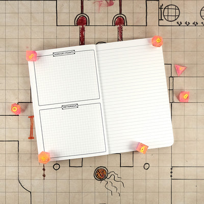 Eighth page of the sorcerer notebook with two graph areas for sorcery points and metamagic on the right. On the left is a blank ruled page for note taking. The notebook sits on a grid map surrounded by dice.