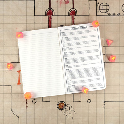 Last page and inside back cover of the sorcerer notebook with a ruled page for note taking on the left and a list of actions in combat on the right. The notebook sits on a grid map surrounded by dice.