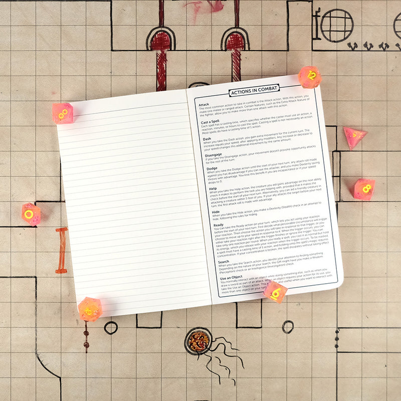 Last page and inside back cover of the sorcerer notebook with a ruled page for note taking on the left and a list of actions in combat on the right. The notebook sits on a grid map surrounded by dice.