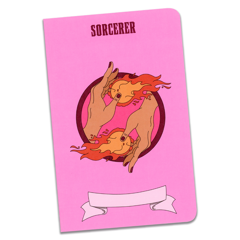 A large sorcerer notebook with a light pink cover and an illustration of two hands with fireballs on a transparent background.