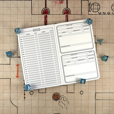 Inside cover and first page of the spellbook notebook with a blank spells sheet on the left for spell names and page numbers and two blank spell tracking areas on the right. The notebook sits on a grid map surrounded by dice.