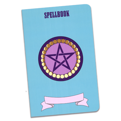 A large spellbook notebook with a bright blue cover and an illustration of a purple pentacle surrounded by yellow circles with shadows for the different phases of the moon, on a transparent background.