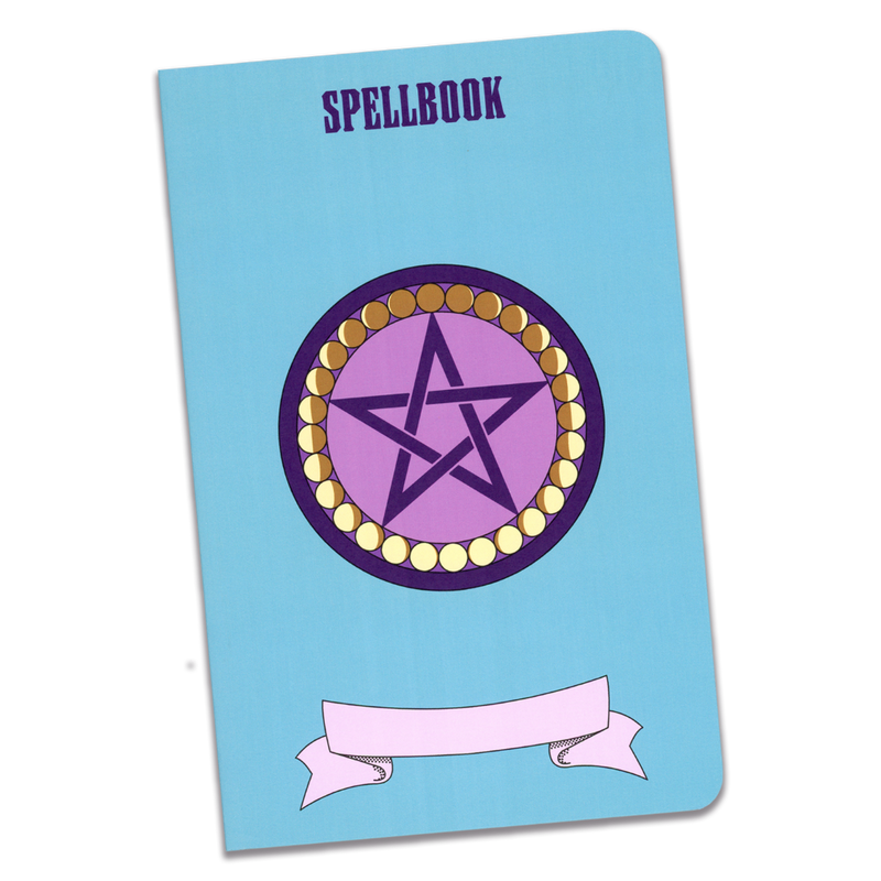 A large spellbook notebook with a bright blue cover and an illustration of a purple pentacle surrounded by yellow circles with shadows for the different phases of the moon, on a transparent background.