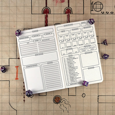 Inside cover and first page of the warlock notebook with a blank campaign tracking sheet on the left and a blank character sheet on the right. The notebook sits on a grid map surrounded by dice.