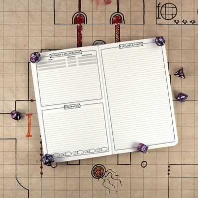 Second and third pages of the warlock notebook with areas for tracking attacks & spellcasting and equipment on the right and a ruled sheet for features & traits on the right. The notebook sits on a grid map surrounded by dice.