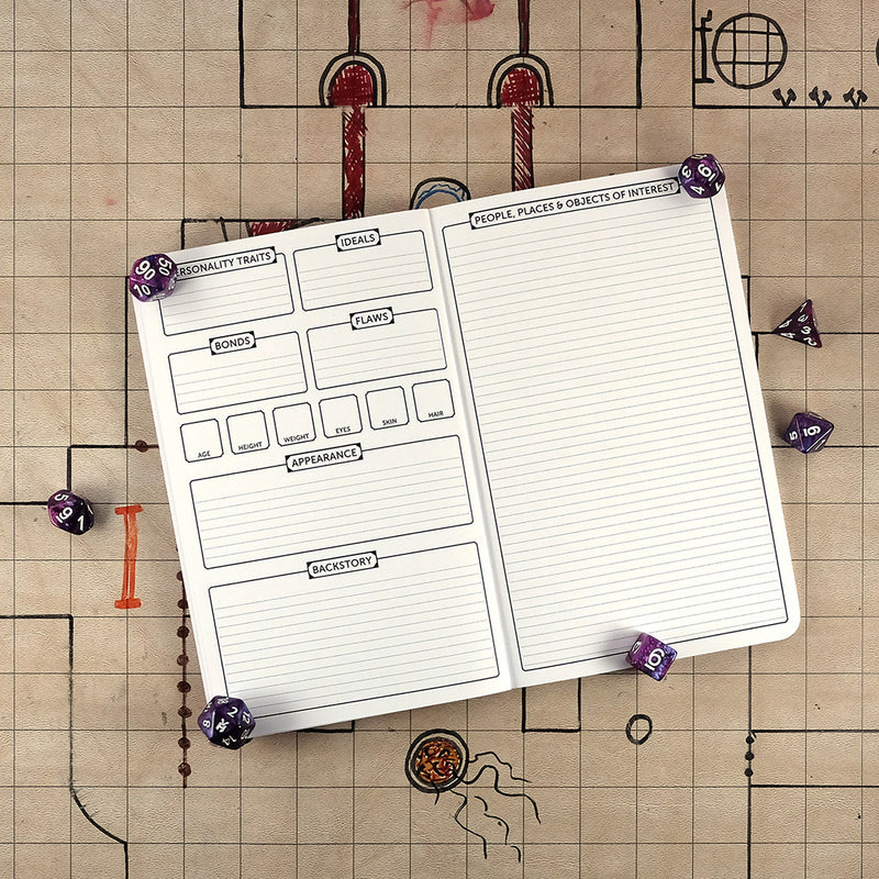 Fourth and fifth pages with further character trait tracking on the left and a sheet for people, places & objects of interest on the right. The notebook sits on a grid map surrounded by dice.