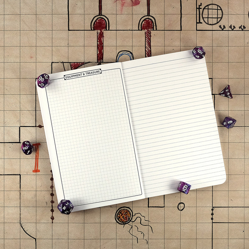 Eighth page of the warlock notebook with a graph page for equipment & treasure on the right. On the left is a blank ruled page for note taking. The notebook sits on a grid map surrounded by dice.