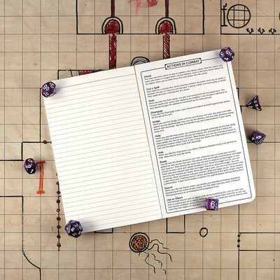 Last page and inside back cover of the warlock notebook with a ruled page for note taking on the left and a list of actions in combat on the right. The notebook sits on a grid map surrounded by dice.