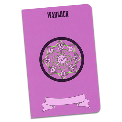 A large warlock notebook with a bright purple cover and an illustration of a summoning circle in different shades of purple and bright green on a transparent background.