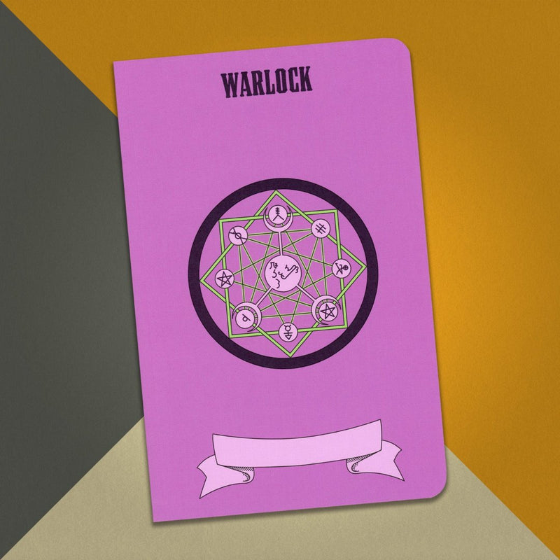 A large warlock notebook with a bright purple cover and an illustration of a summoning circle in different shades of purple and bright green on an orange, cream and grey background.