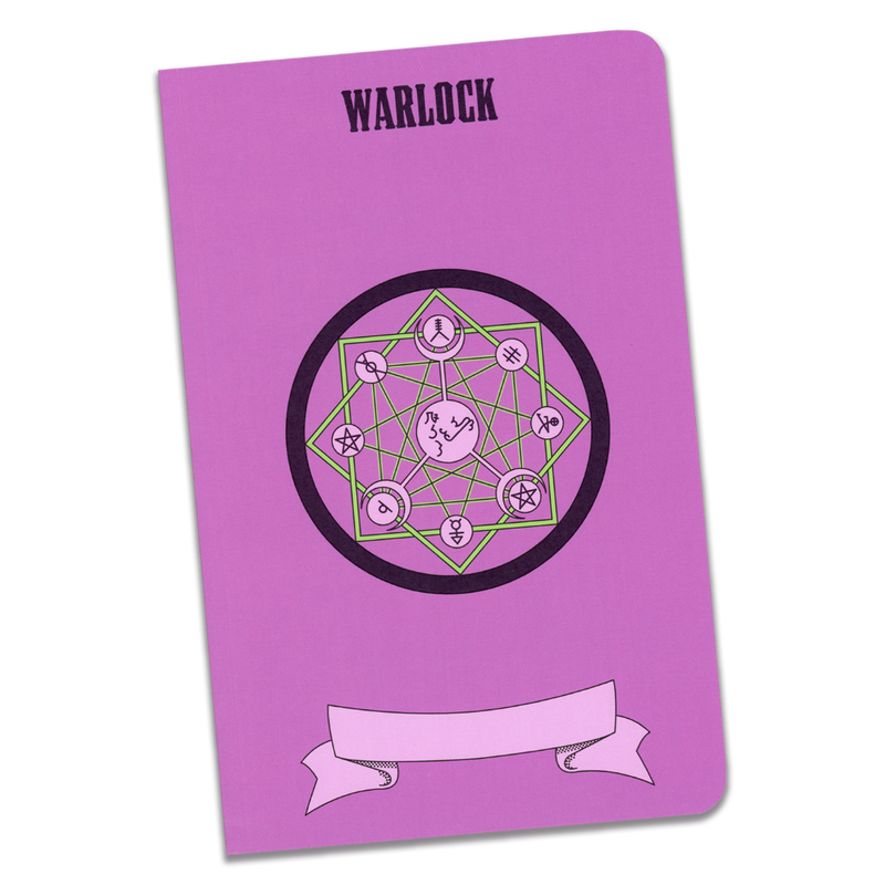 A large warlock notebook with a bright purple cover and an illustration of a summoning circle in different shades of purple and bright green on a transparent background.