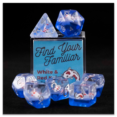 A set of clear and blue polyhedral dice with red and white koi inclusions sitting on top and around a small acrylic box with the words "Find Your Familiar" and "Red & White Koi Dice Set" on a transparent background.