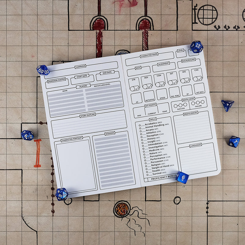 Inside cover and first page of the wizard notebook with a blank campaign tracking sheet on the left and a blank character sheet on the right. The notebook sits on a grid map surrounded by dice.