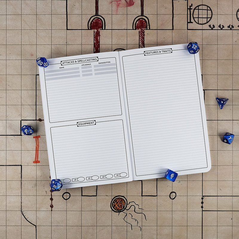 Second and third pages of the wizard notebook with areas for tracking attacks & spellcasting and equipment on the right and a ruled sheet for features & traits on the right. The notebook sits on a grid map surrounded by dice.