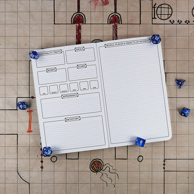 Fourth and fifth pages with further character trait tracking on the left and a sheet for people, places & objects of interest on the right. The notebook sits on a grid map surrounded by dice.