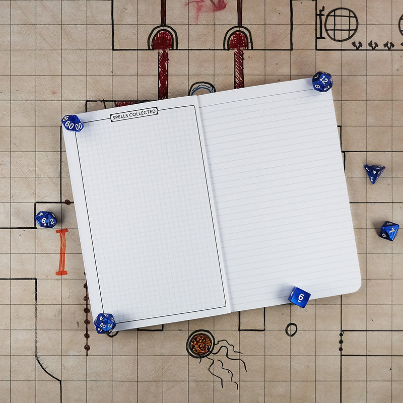 Eighth page of the wizard notebook with a graph page for spells collected on the right. On the left is a blank ruled page for note taking. The notebook sits on a grid map surrounded by dice.