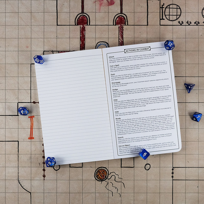 Last page and inside back cover of the wizard notebook with a ruled page for note taking on the left and a list of actions in combat on the right. The notebook sits on a grid map surrounded by dice.