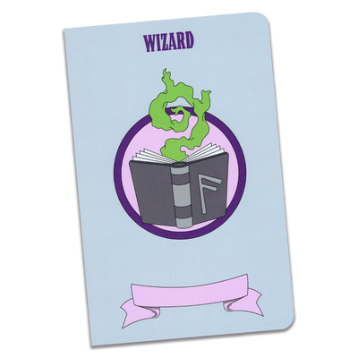 A large wizard notebook with a light blue cover and an illustration of a grey spell book with a green magical flame rising from within it on a transparent background.