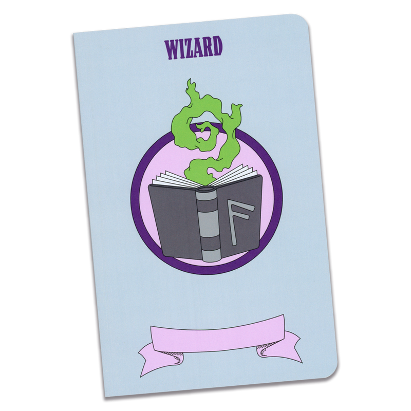 A large wizard notebook with a light blue cover and an illustration of a grey spell book with a green magical flame rising from within it on a transparent background.