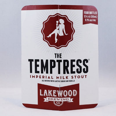 Photo of the full cover of a 2.4" x 5.8" skinny pocket notebook made from upcycled Lakewood "Temptress" beer packaging on a white background.
