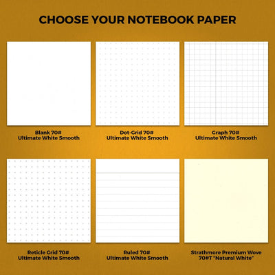 Examples of general notebook page options which include blank, dot-grid, graph, reticle grid and ruled 70# ultimate white smooth paper and Strathmore premium wove 70#T natural white paper.