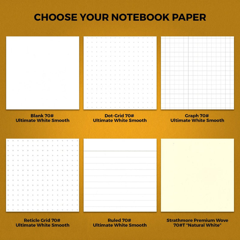 Examples of general notebook page options which include blank, dot-grid, graph, reticle grid and ruled 70