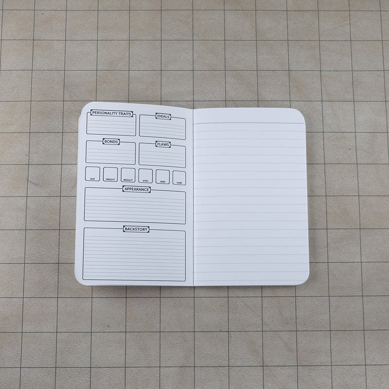 Fourth and fifth pages of the DIY character notebook with further character trait tracking on the left and a blank ruled page for note taking on the right. The notebook sits on a blank grid map.